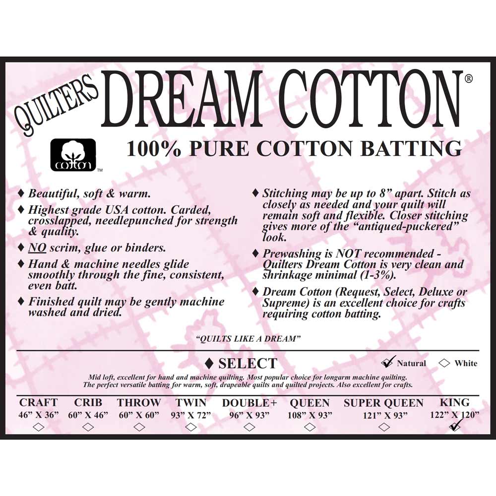 Cotton NATURAL Request Thin Loft Quilt Batting Size King (122x120) -  Quilter's Dream