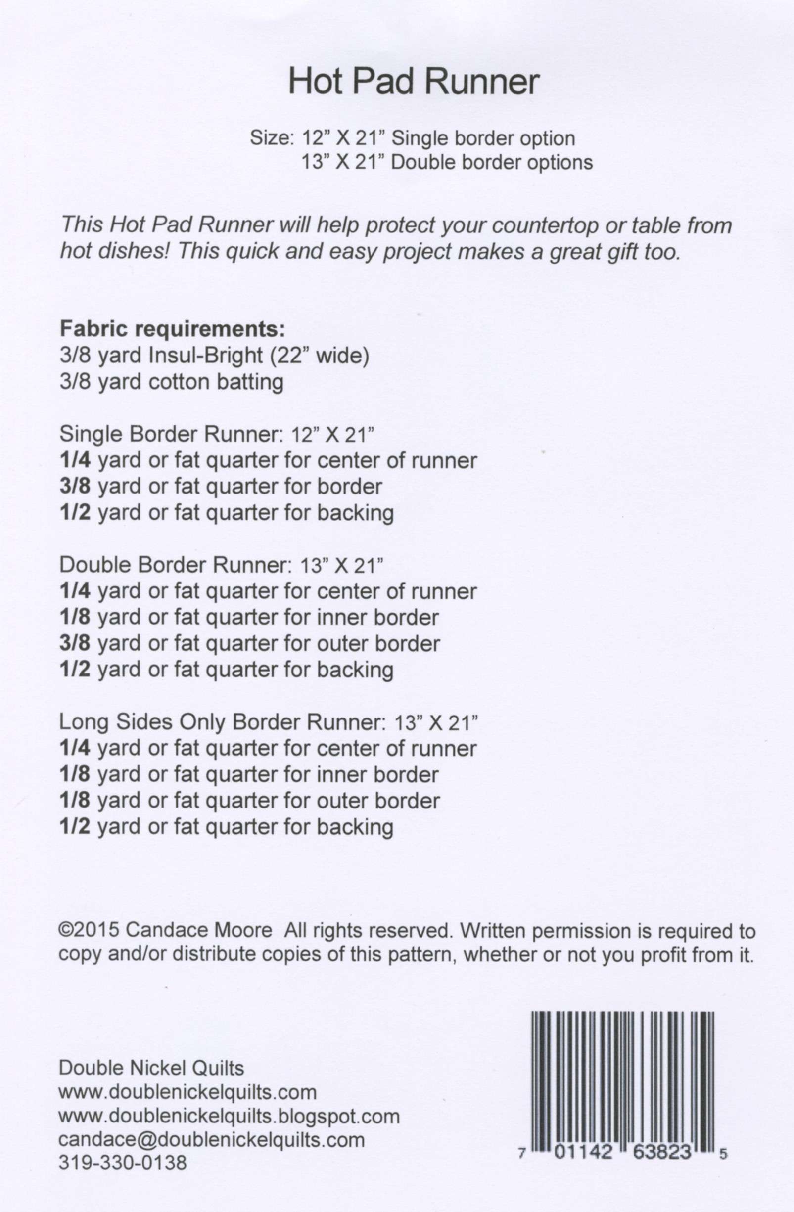 Hot Pad Table Runner Pattern Keepsake Quilting