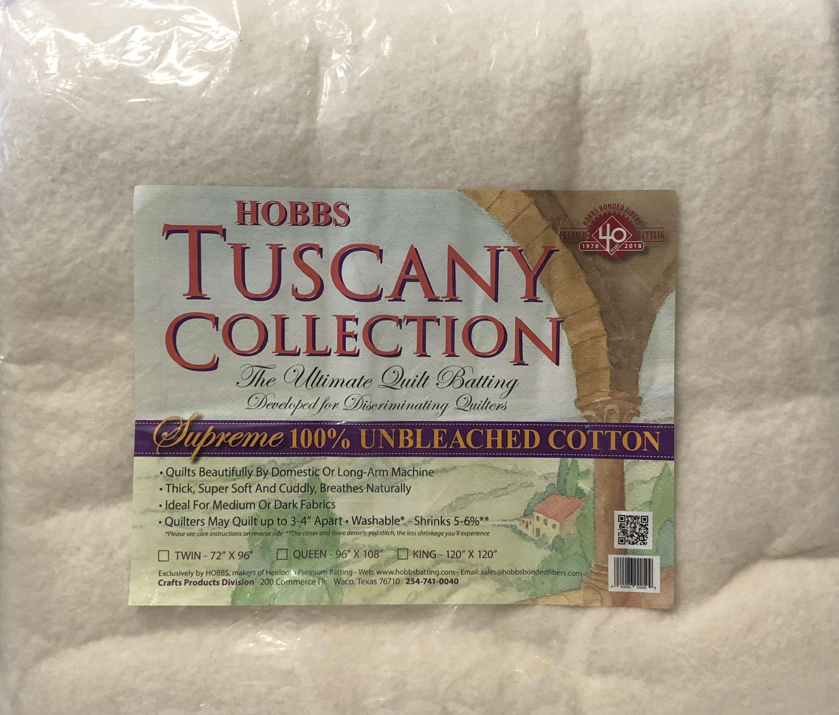 Hobbs Tuscany Supreme 100% Unbleached Natural Cotton Batting King 120i –  Keepsake Quilting